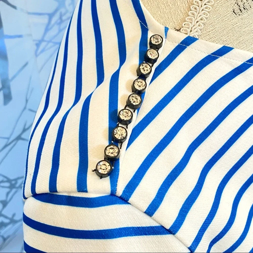 Maje white blue stripe rhinestone row shoulder detail long sleeve sweater top - Picture 3 of 14